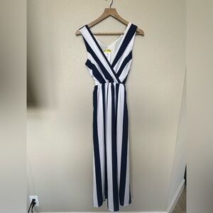 Yellow Star Navy Blue & White Striped V-Neck Tie Beachy Maxi Dress Size S | NWT